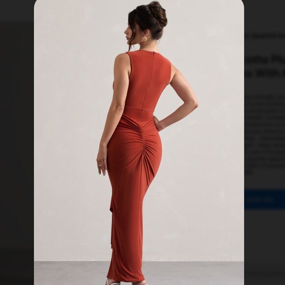 Terracotta Plunge-Neck Split Maxi Dress With Knot Detail - Picture 4 of 7